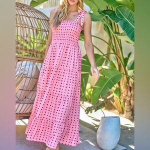 SMOCKED Pink & Red Square Polka Dot Tiered Maxi Dress w Tie Straps